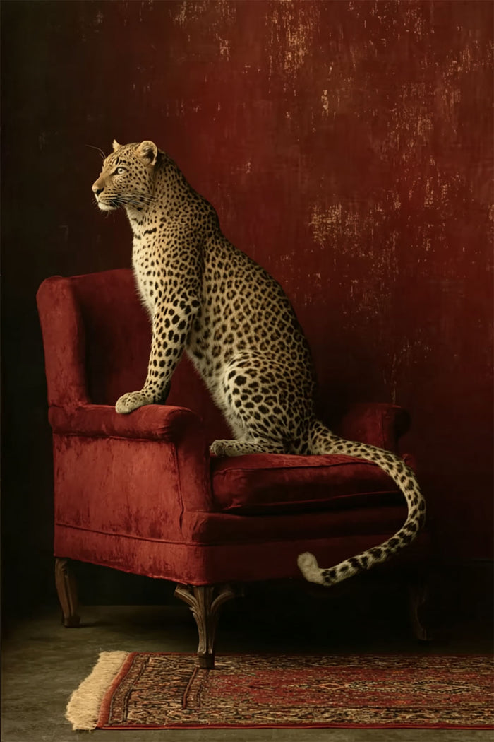 Leopard on Red Chair Wall Art,  Luxury Leopard Canvas,Rich Burgundy Tones with Leopard