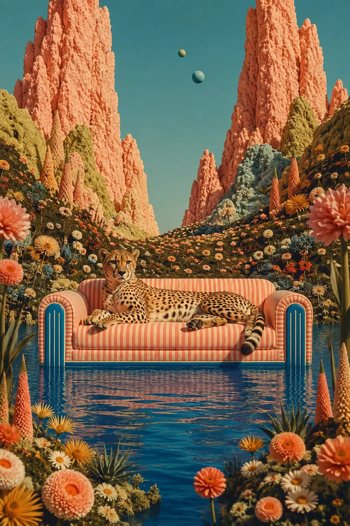 Surreal Cheetah Wall Art, Retro Botanical Dreamscape Print, Pink Sofa Animal Poster