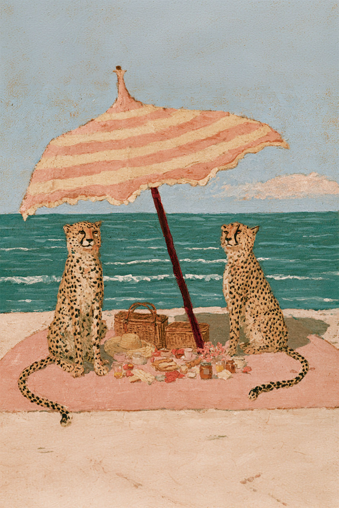 Cheetah Beach Picnic Wall Art, Pink Coastal Print, Retro Animal Poster, Whimsical Beach House Summer Decor