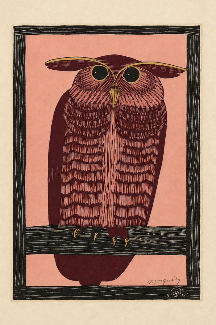 Horned Owl Wall Art Print by Samuel Jessurun de Mesquita, Vintage Pink Owl Poster, Art Deco Bird Illustration, Eclectic Animal Decor