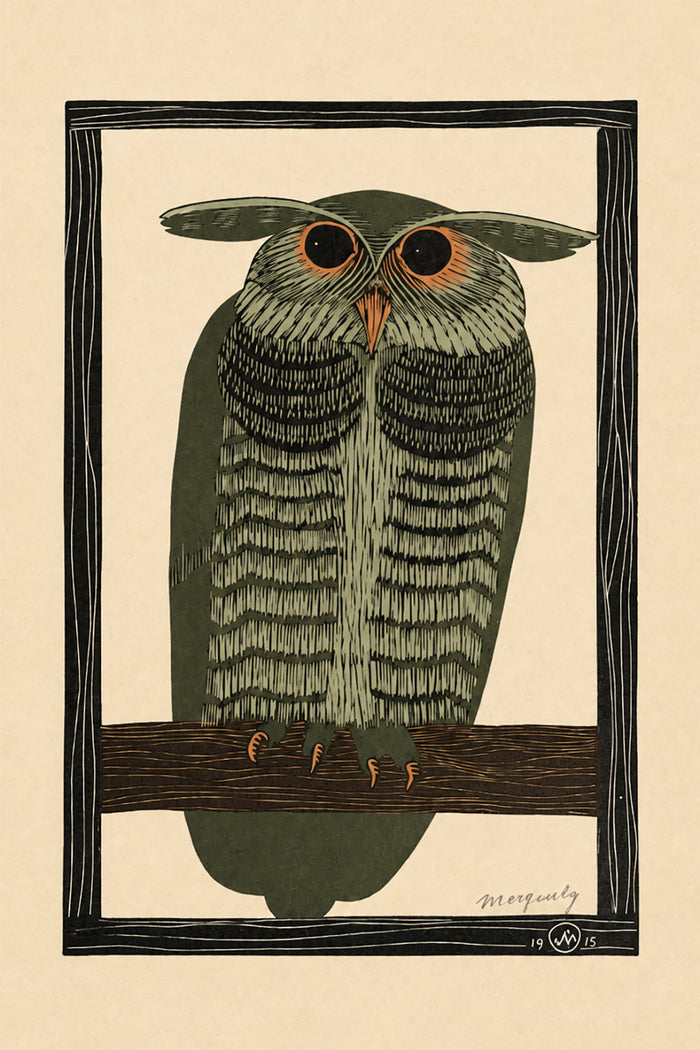 Horned Owl Wall Art Print by Samuel Jessurun de Mesquita, Vintage Olive-Green Owl Poster, Art Deco Bird Illustration, Eclectic Animal Decor