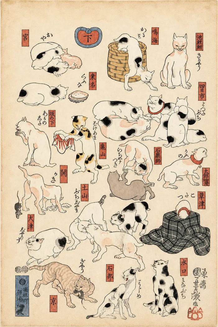 Vintage Japanese Cat Print Wall Art, Ukiyo-e Style Cat Illustration Poster, Antique Japanese Feline Artwork, Minimalist Neutral Cat