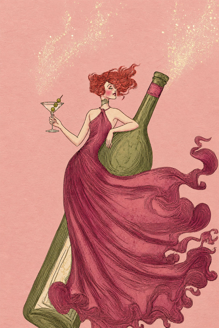 Pink Martini Wall Art, Vintage Cocktail Girl Print, Art Nouveau Martini Poster, Pink Bar Cart Decor, Glamorous Cocktail Canvas Art