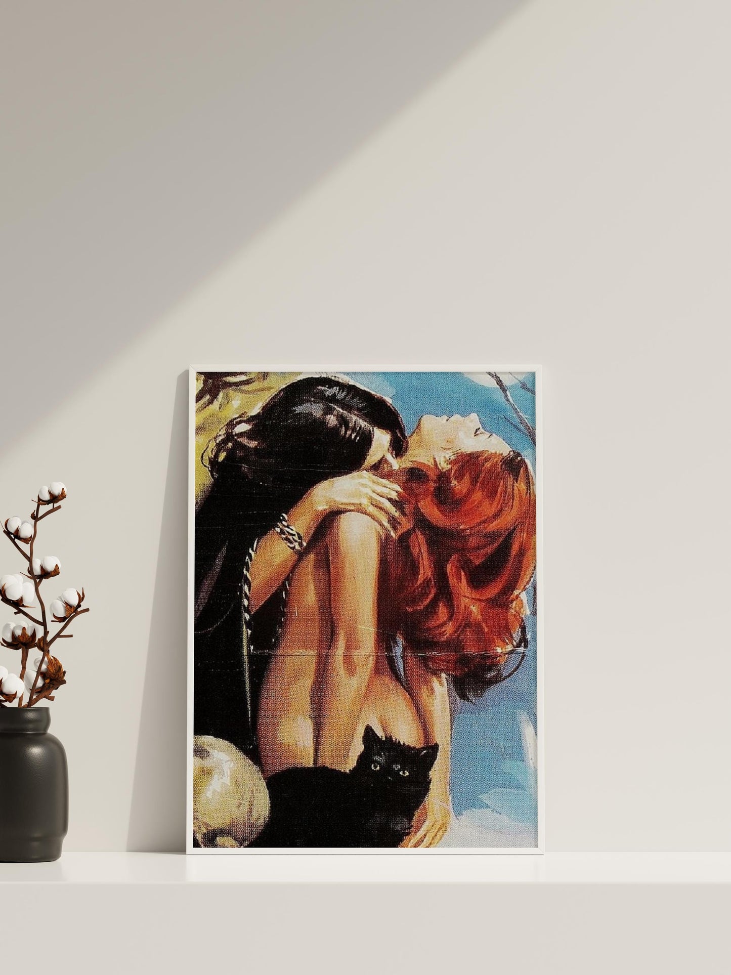 Retro Witchy Lovers Art Print | Vintage Redhead Woman & Black Cat Wall Poster