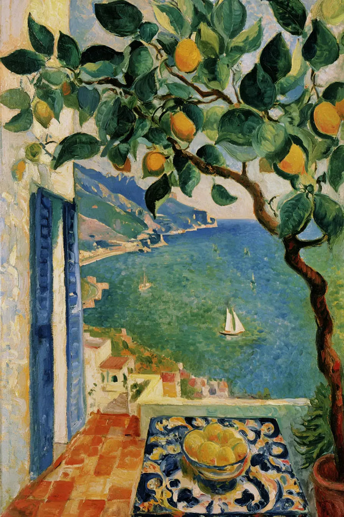 Amalfi Coast Lemon Tree Oil Painting, Vibrant Mediterranean Print