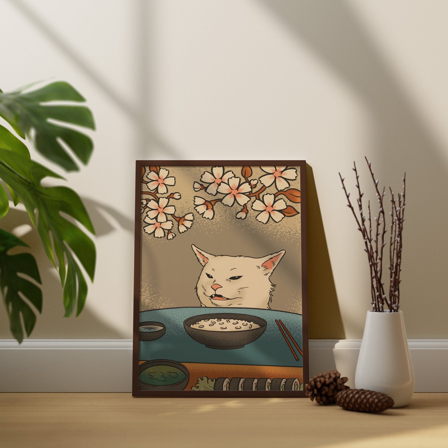 Wandbild Frau und schreiende Katze, Moderne japanische Kunst, Japanische Leinwand-Wandkunst, Vintage japanisches Poster, Japanisches Katzenposter