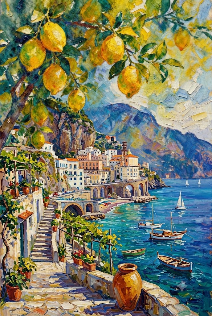 Henri Matisse Style Lemon Tree Amalfi Coast Oil Painting, Mediterranean Positano
