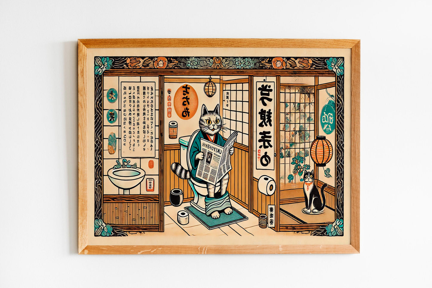 Lustiges Ukiyo-e Katzen-Badezimmer-Poster – Amerikanisches Tier-Design
