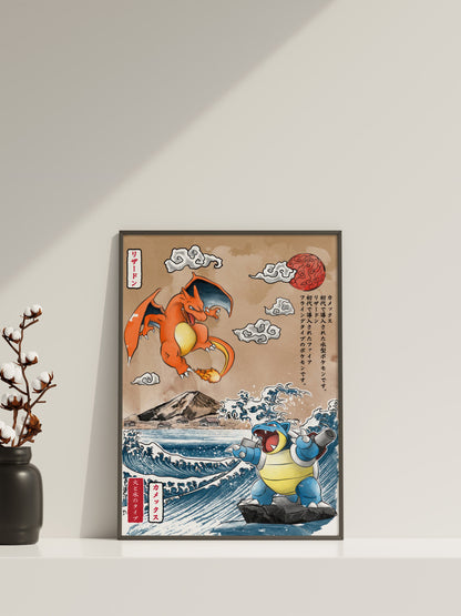 Anime Leinwandbilder, Glurak Leinwandbilder, Glurak vs. Turtok Wandposter, Vintage Anime Poster, Gerahmtes Anime Poster