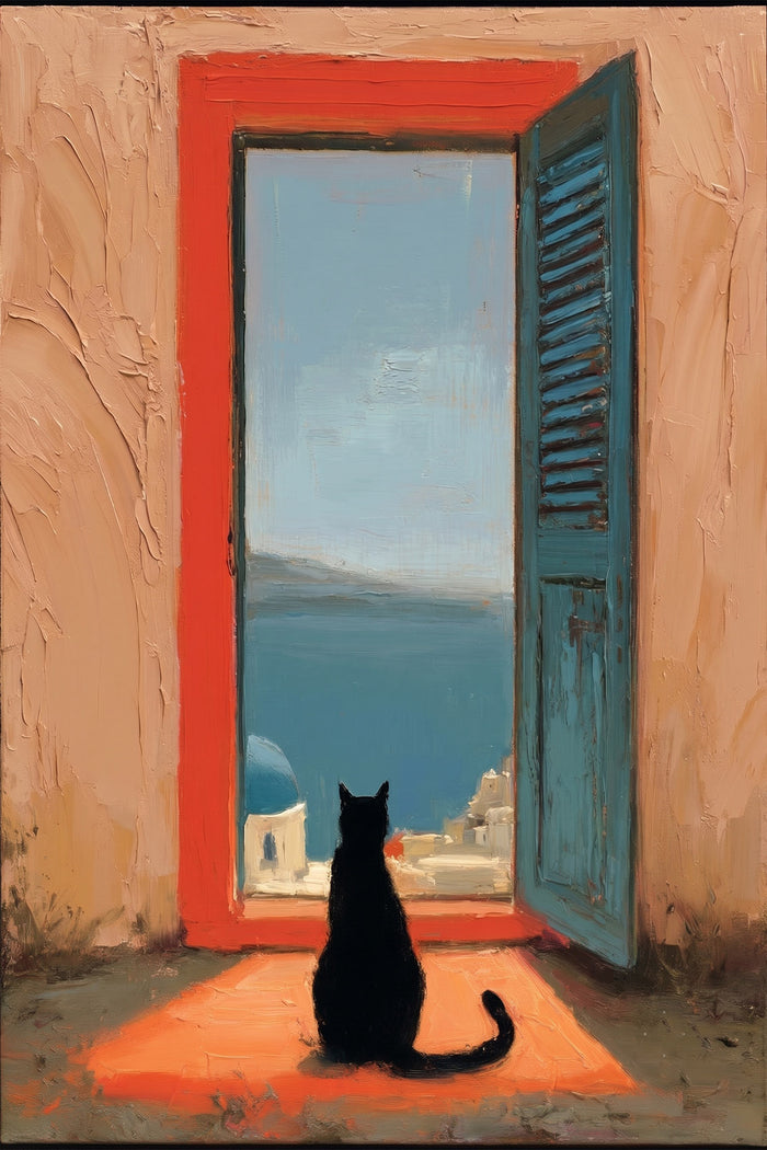 Black Cat Santorini Oil Painting, Mediterranean Sea View Canvas