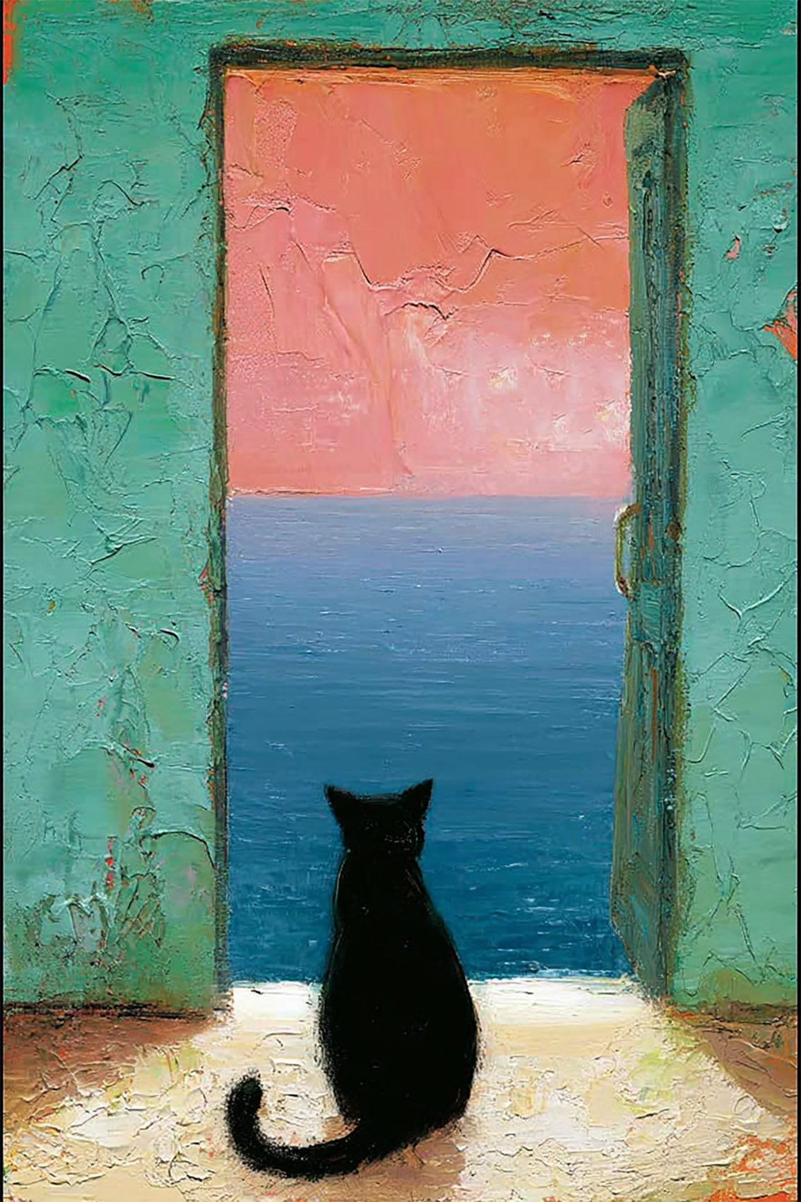 Black Cat Canvas Art, Mediterranean Sea View Painting