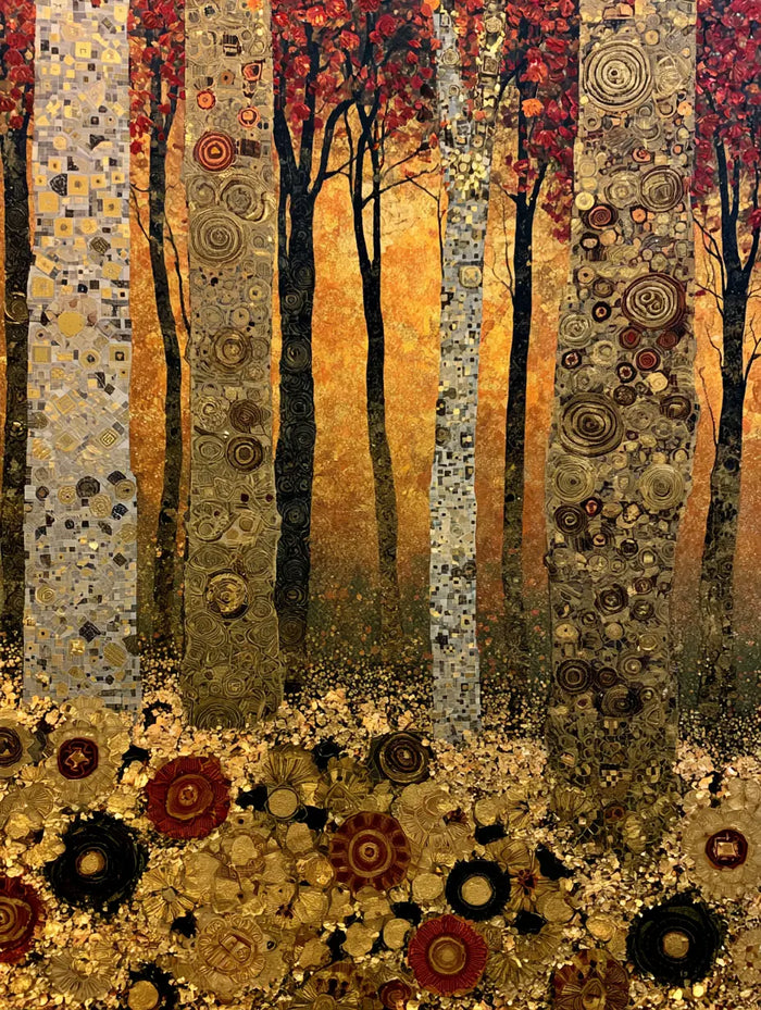 Gustav Klimt Style Forest Wall Art, Green Gold Mosaic Tree Canvas Painting