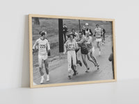 Kathrine Switzer First Woman to Officially Run Boston Marathon, Framed Canvas Wall Decor, Black And White Wall Art