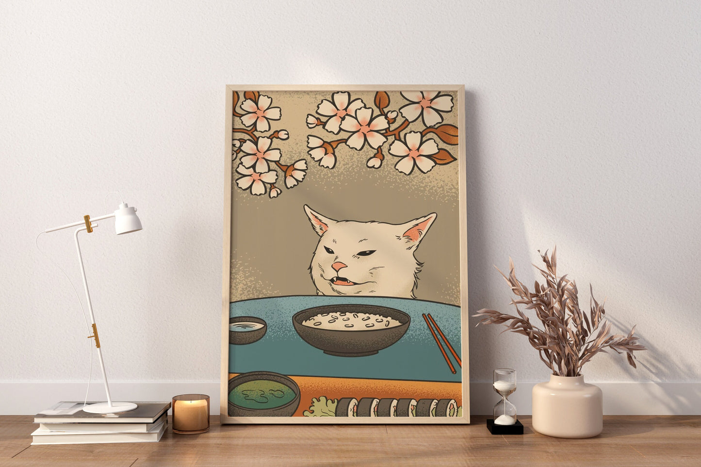 Wandbild Frau und schreiende Katze, Moderne japanische Kunst, Japanische Leinwand-Wandkunst, Vintage japanisches Poster, Japanisches Katzenposter