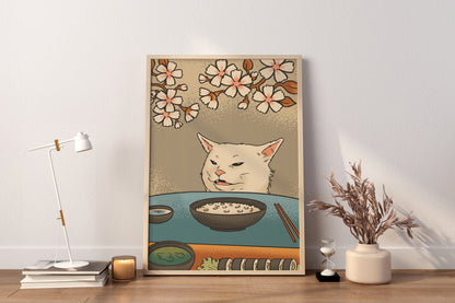 Wandbild Frau und schreiende Katze, Moderne japanische Kunst, Japanische Leinwand-Wandkunst, Vintage japanisches Poster, Japanisches Katzenposter