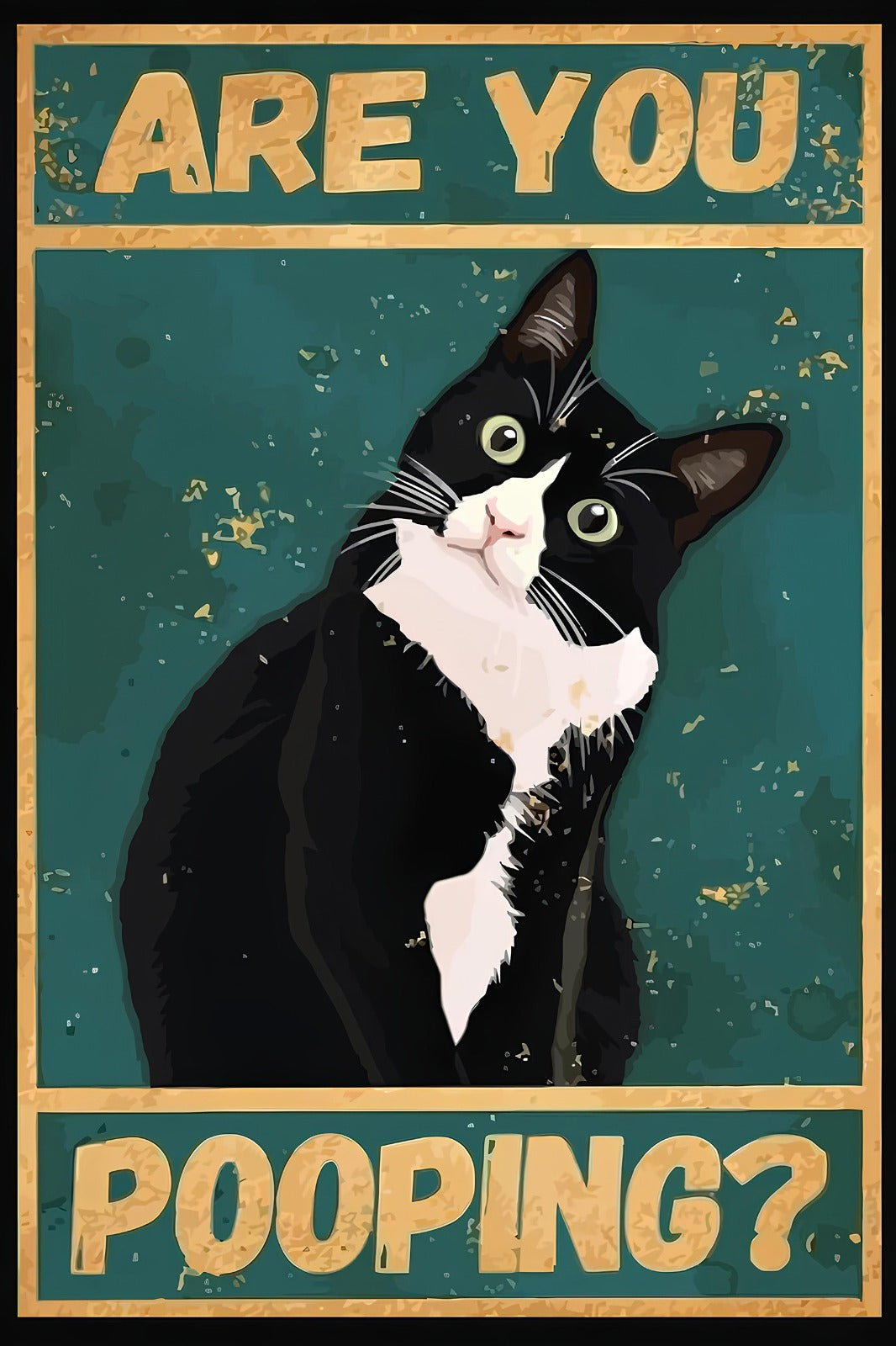 Tuxedo Cat Pooping Poster, Funny Retro Bathroom Wall Art