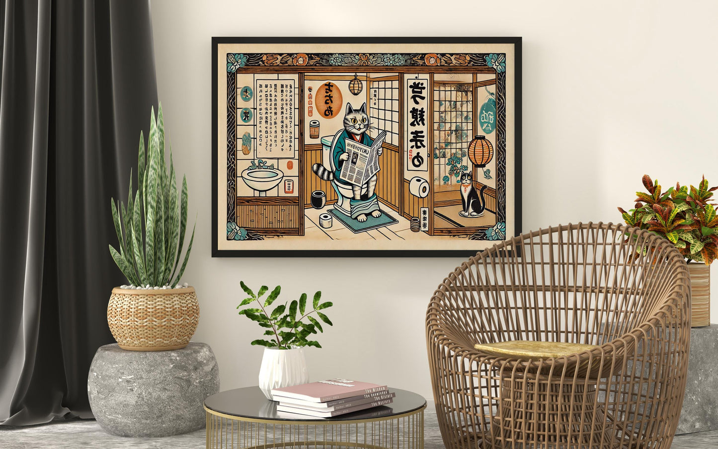 Lustiges Ukiyo-e Katzen-Badezimmer-Poster – Amerikanisches Tier-Design