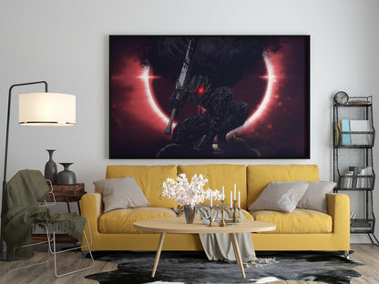 Dark Knight Before Red Eclipse Poster | Dramatisches Fantasy-Wandkunst-Poster | Berserk Mond Poster