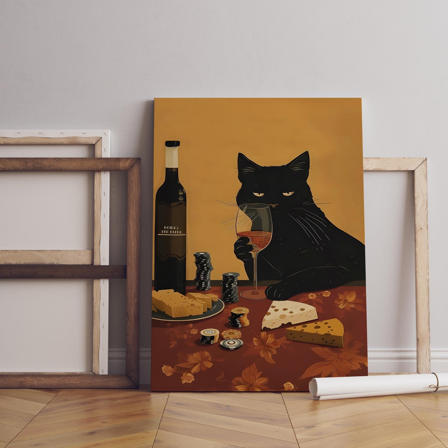 Black Cat Wine and Cheese Poster | Lustiger Poker Küchen Wand Kunstdruck