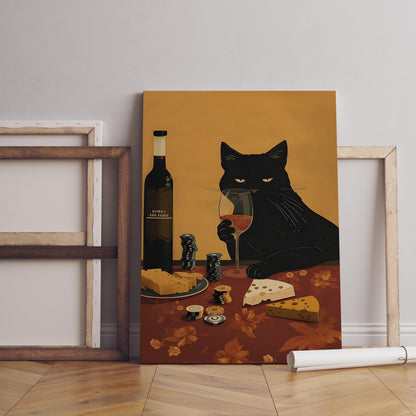 Black Cat Wine and Cheese Poster | Lustiger Poker Küchen Wand Kunstdruck