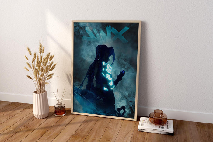 Neonblaue Punk-Girl in Rauch Poster | Cyber Tattoo Fantasy Wandkunst | Jinx Poster Kunst