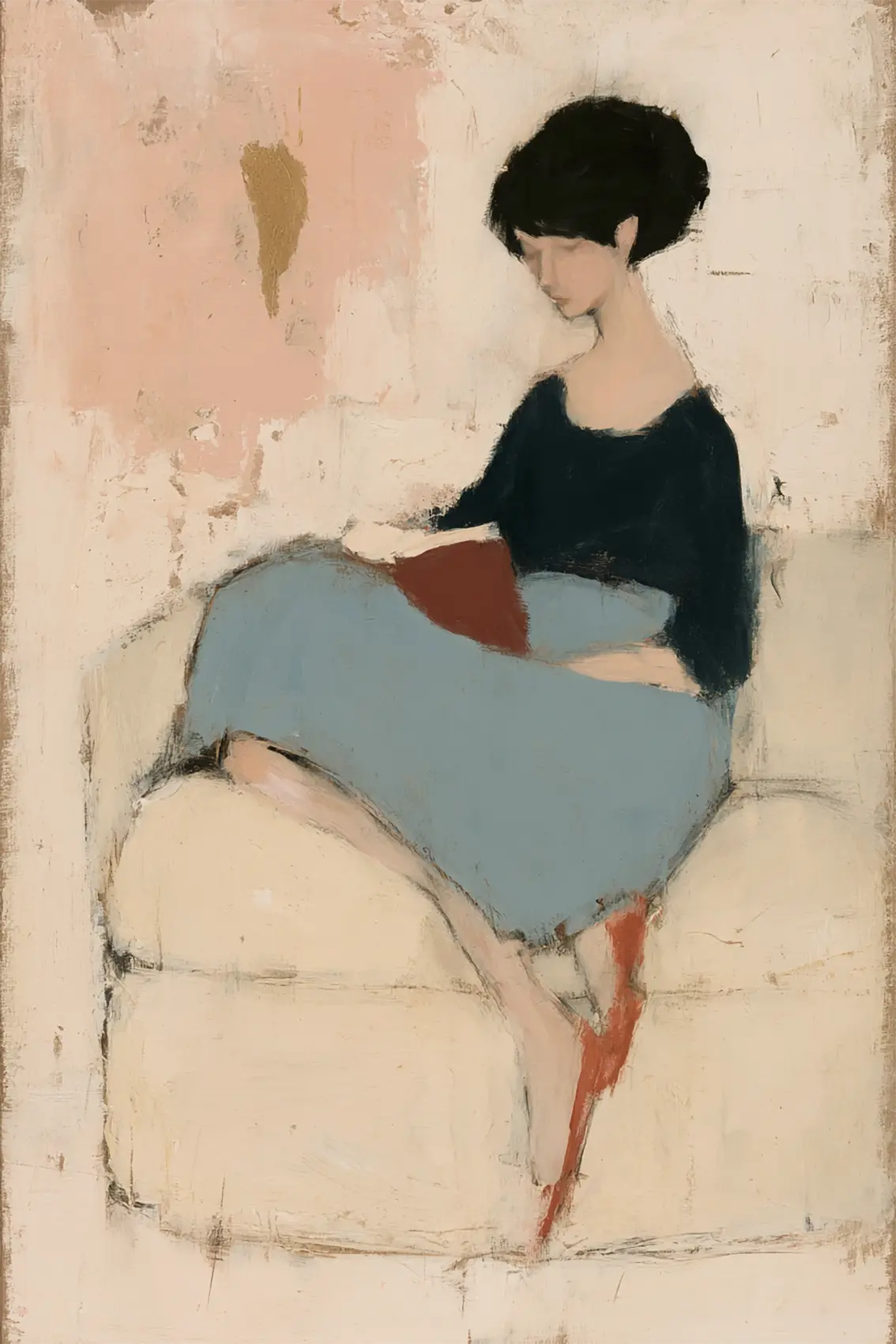Minimalist Woman Reading Book Canvas Art, Abstract Woman on Sofa Painting