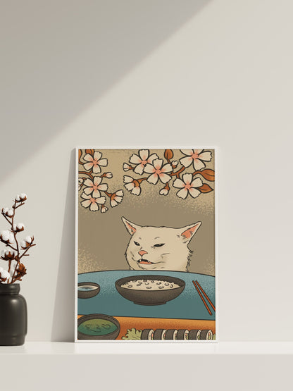 Wandbild Frau und schreiende Katze, Moderne japanische Kunst, Japanische Leinwand-Wandkunst, Vintage japanisches Poster, Japanisches Katzenposter