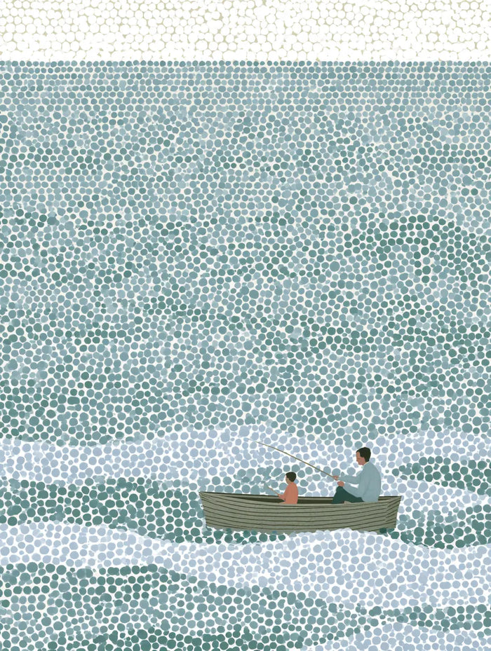 Father and Son Fishing Canvas Wall Art, Pointillism Ocean Painting
