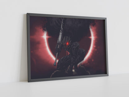 Dark Knight Before Red Eclipse Poster | Dramatisches Fantasy-Wandkunst-Poster | Berserk Mond Poster