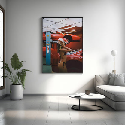 Rotes Sportwagen Garage Mädchen | Retro Rennsport Fotografie Wandkunst Druck