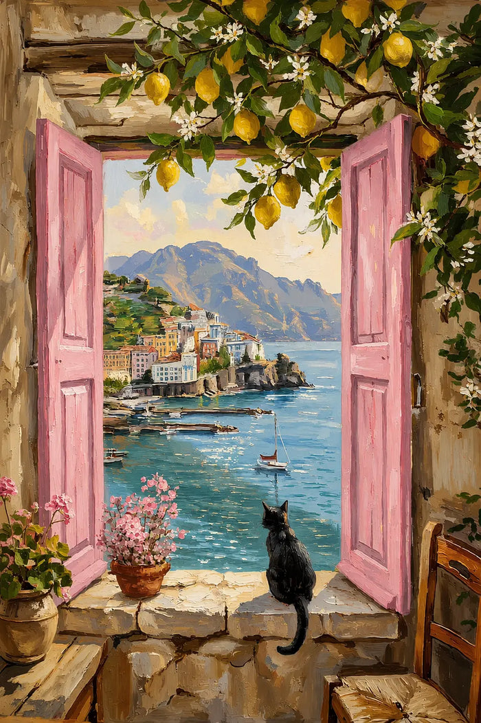 Amalfi Coast Window and Black Cat Canvas