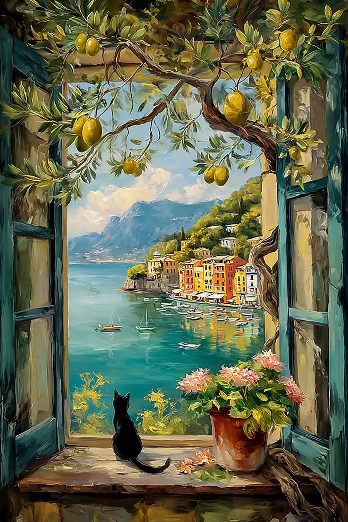 Open Window and Black Cat Canvas, Lemon Tree Art
