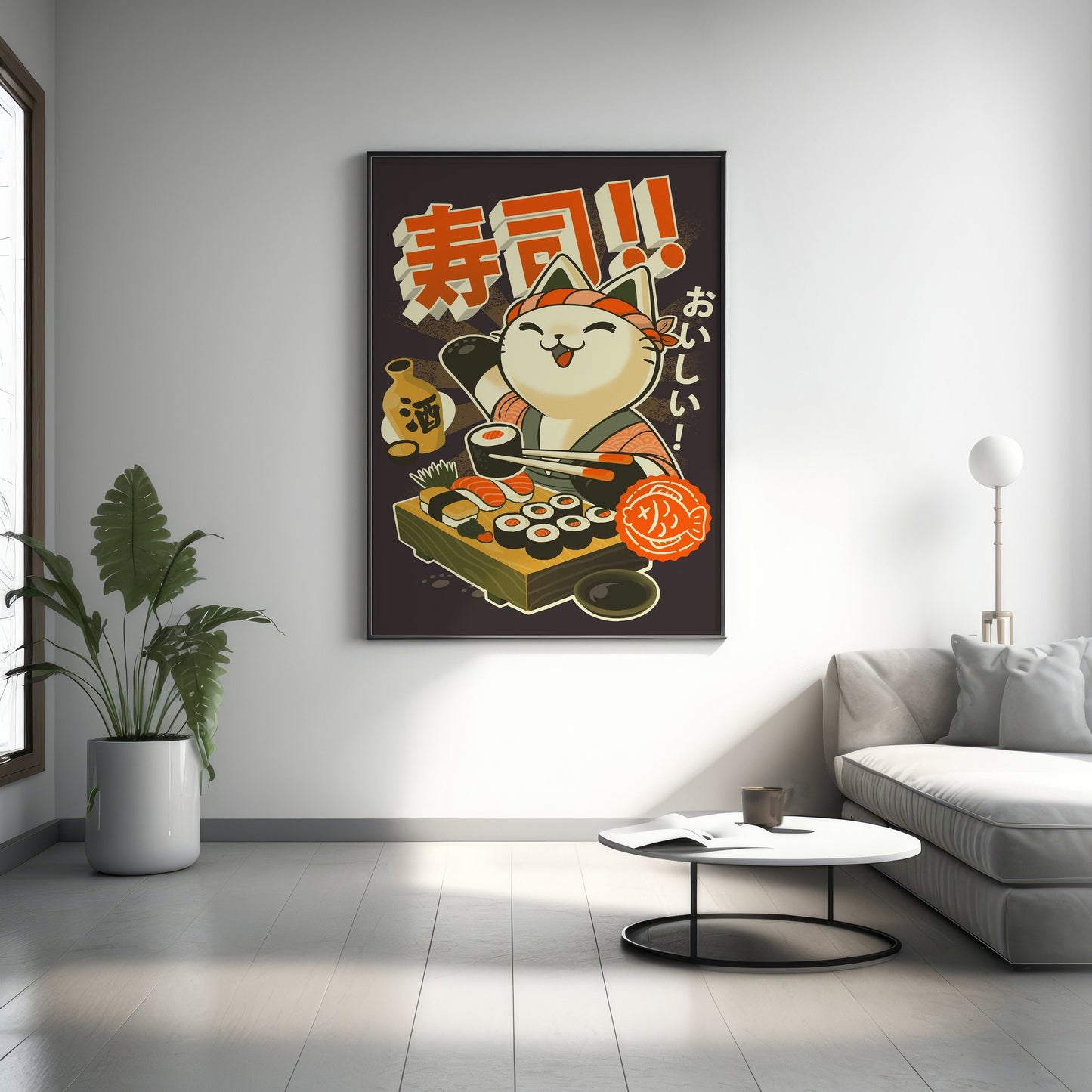 Sushi Katze Leinwand Wandkunst, Moderne Kunst Poster, Gerahmte Leinwand, Japanische Kunst Leinwand Wandkunst, Japanische Kunst Poster, Japanisches Süßes Katzen Poster