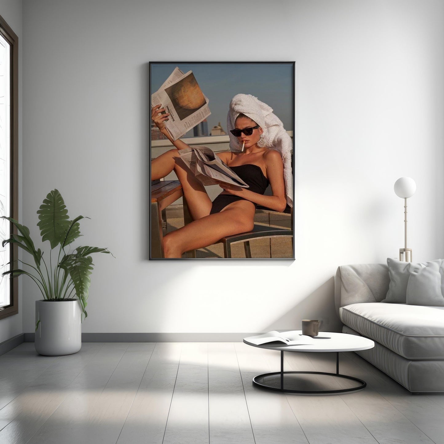 Chic Rooftop Woman Reading Newspaper Poster | Fashion Editorial Style Wall Art Print