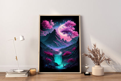 Modern Japanese Art, Japanese Canvas Wall Art, Japan Mountain Art, Synthwave Japanese Art, Japanese Art Poster