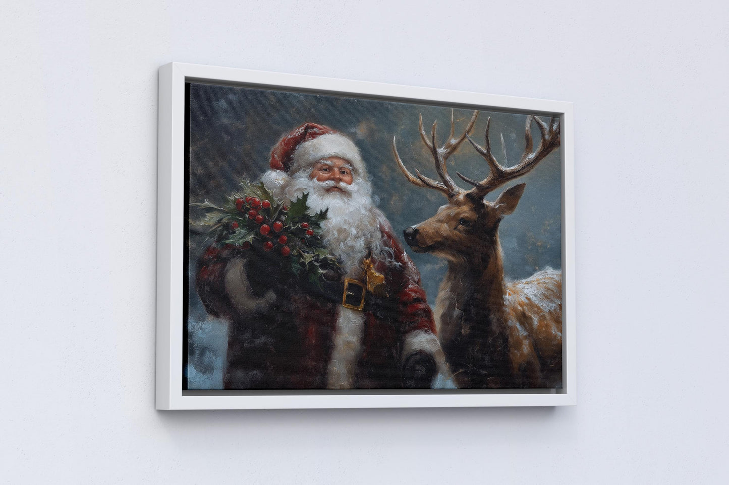 Wandbild Weihnachtsmann mit Tieren, Weihnachtsmann- & Weihnachtsdekor-Kunst – Frohe Weihnachten, Weihnachtsgeschenk, gerahmter Weihnachtsmann