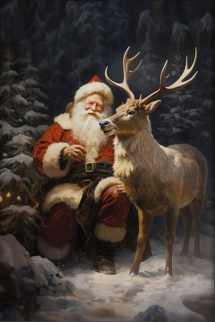 Santa Claus With Elk Canvas Wall Art