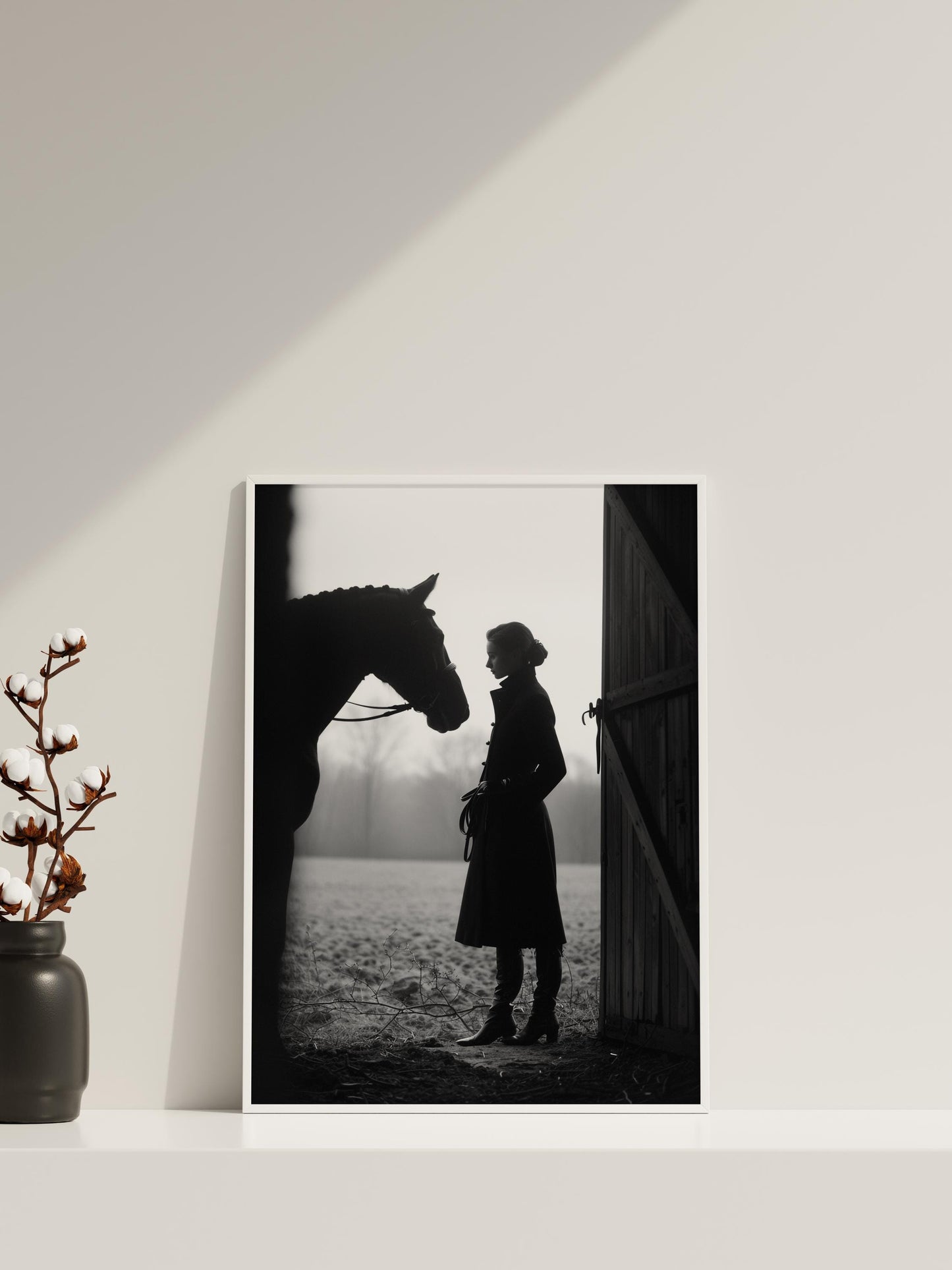 Black and White Equestrian Woman with Horse | Minimalist Stable Wall Art Print