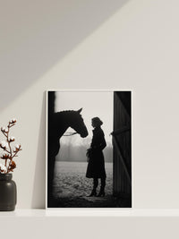 Black and White Equestrian Woman with Horse | Minimalist Stable Wall Art Print
