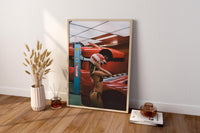 Rotes Sportwagen Garage Mädchen | Retro Rennsport Fotografie Wandkunst Druck