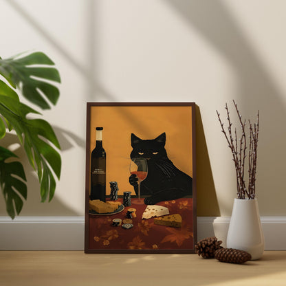 Black Cat Wine and Cheese Poster | Lustiger Poker Küchen Wand Kunstdruck