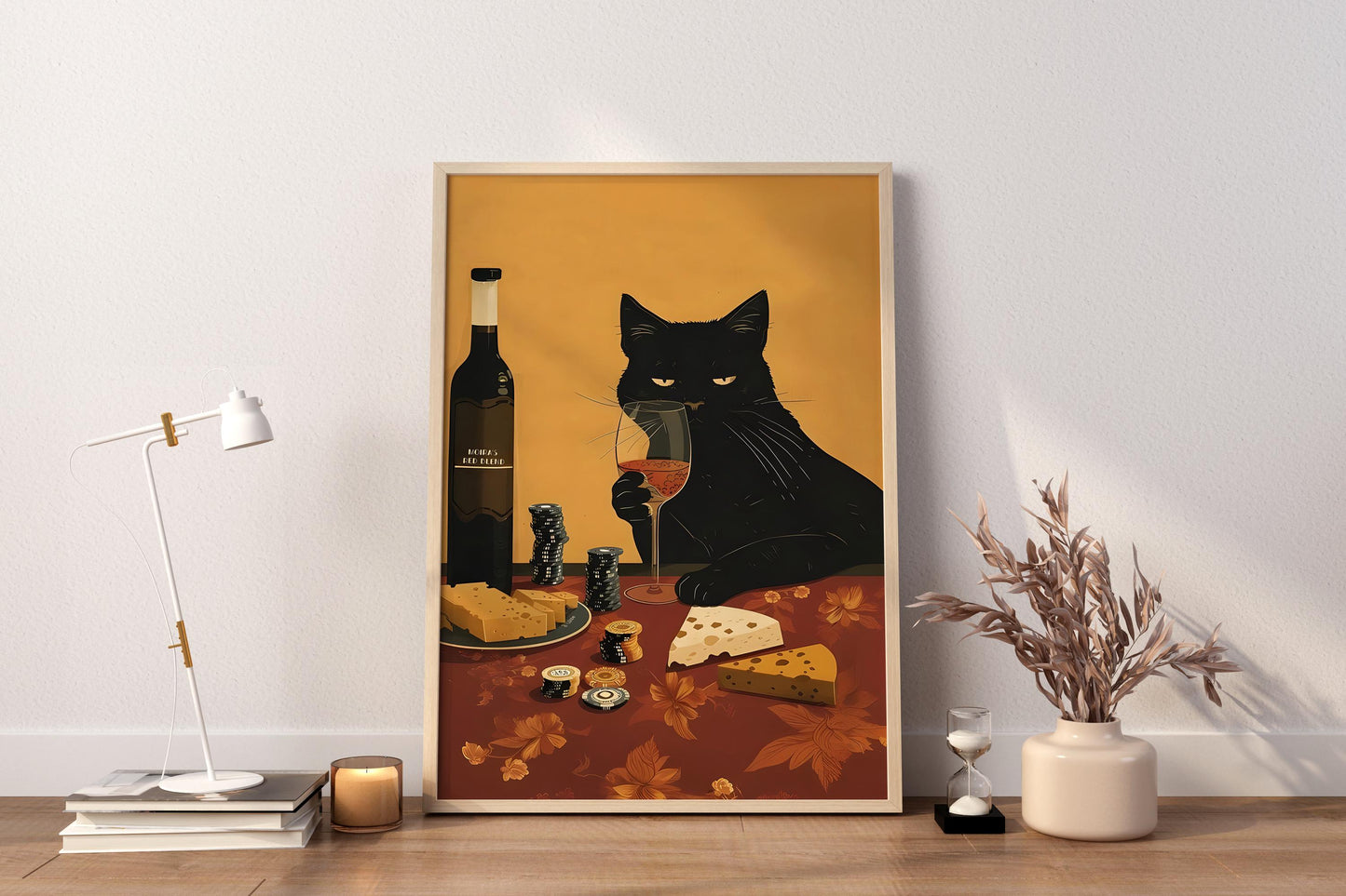 Black Cat Wine and Cheese Poster | Lustiger Poker Küchen Wand Kunstdruck