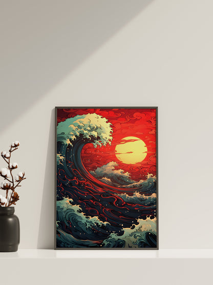 Dramatische Welle von Kanagawa Wandbild, Die Welle von Kanagawa Rote Welle, Kanagawa Kunst, Japanische Wandkunst, Kanagawa Poster, Retro Kanagawa Kunst