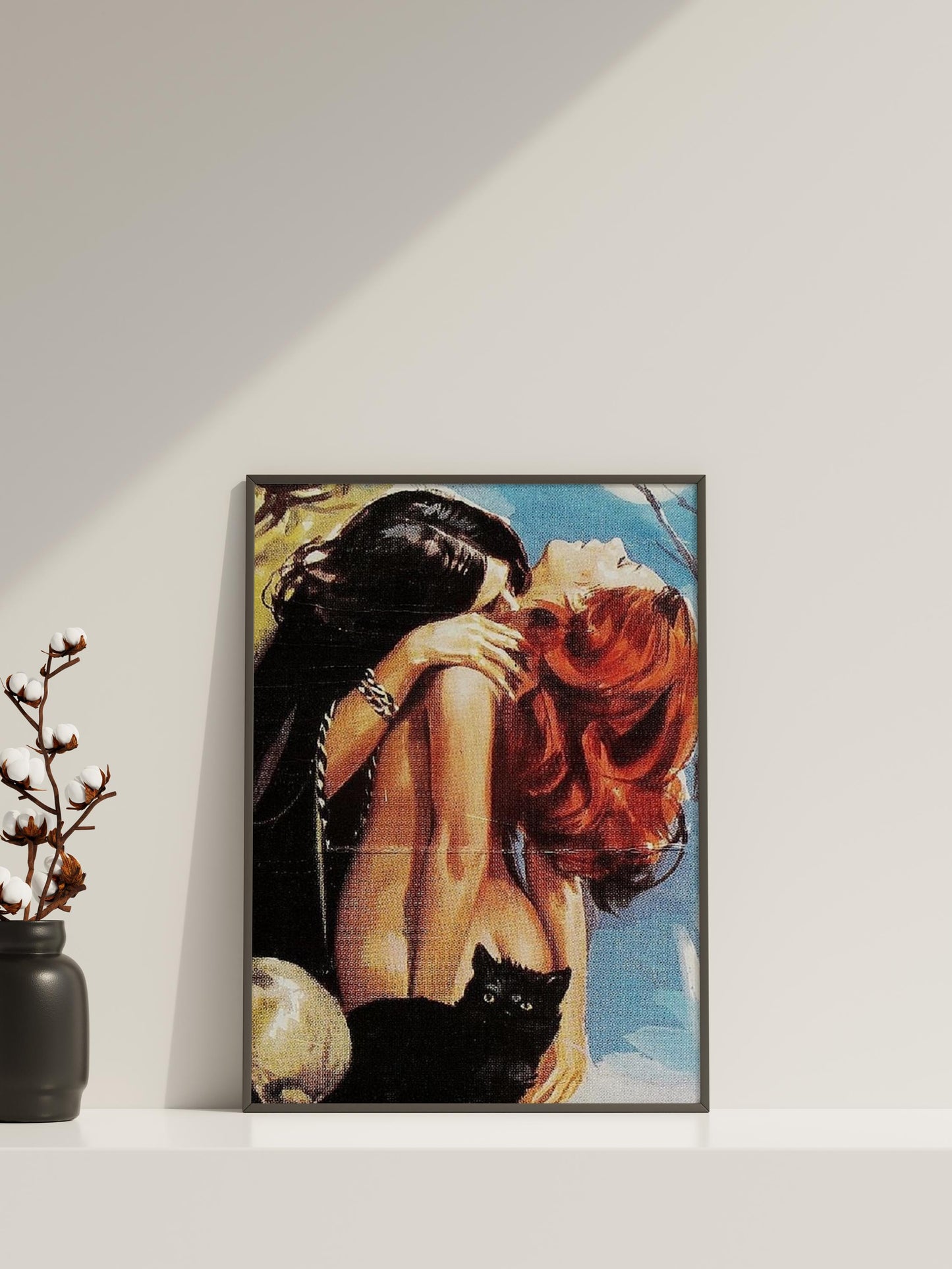 Retro Witchy Lovers Art Print | Vintage Redhead Woman & Black Cat Wall Poster