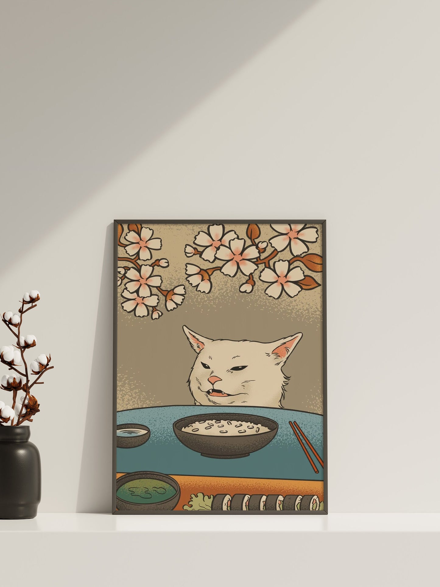 Wandbild Frau und schreiende Katze, Moderne japanische Kunst, Japanische Leinwand-Wandkunst, Vintage japanisches Poster, Japanisches Katzenposter