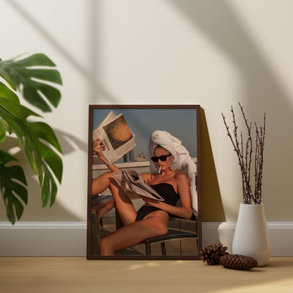 Chic Rooftop Woman Reading Newspaper Poster | Fashion Editorial Style Wall Art Print