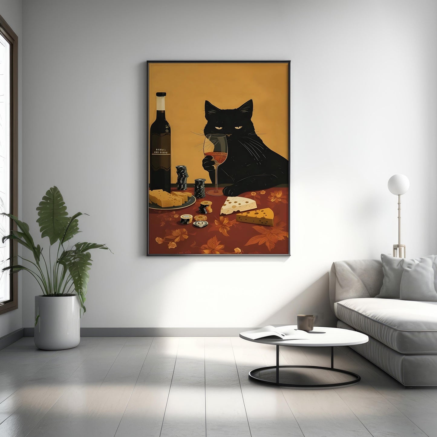 Black Cat Wine and Cheese Poster | Lustiger Poker Küchen Wand Kunstdruck