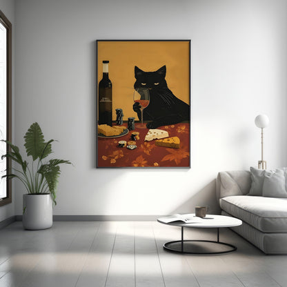 Black Cat Wine and Cheese Poster | Lustiger Poker Küchen Wand Kunstdruck