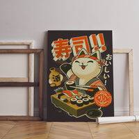 Sushi Katze Leinwand Wandkunst, Moderne Kunst Poster, Gerahmte Leinwand, Japanische Kunst Leinwand Wandkunst, Japanische Kunst Poster, Japanisches Süßes Katzen Poster