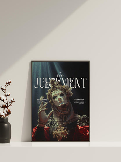 Kunstdruck „Urteilsmaske“ – Dunkle barocke Fantasy-Wanddekoration, kraftvolles gotisches Charakterposter